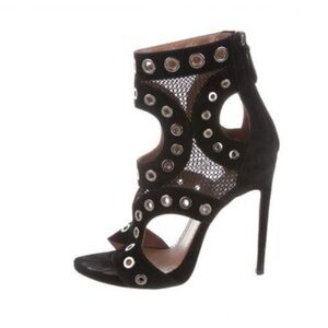 ALAIA Cutout Cage suede & silver grommet Ankle Sandals 5in heels size 38 $2200